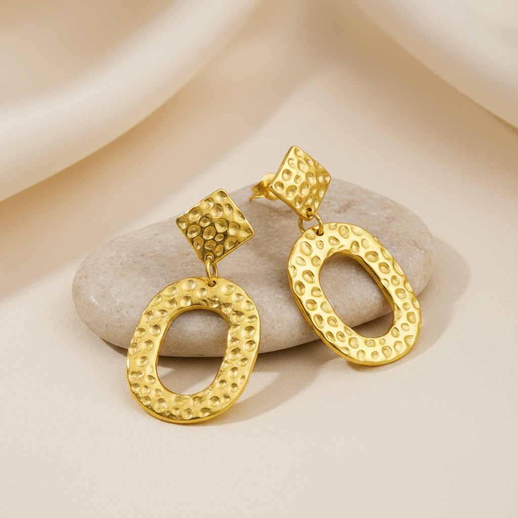 Hammered Gold Oval Statement Earrings